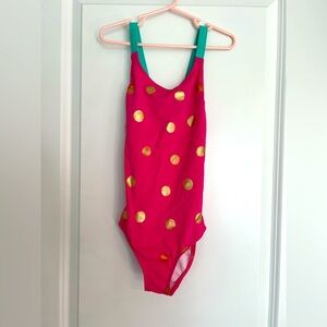 Mini Boden Pink and Gold Dot Swimsuit size 7/8